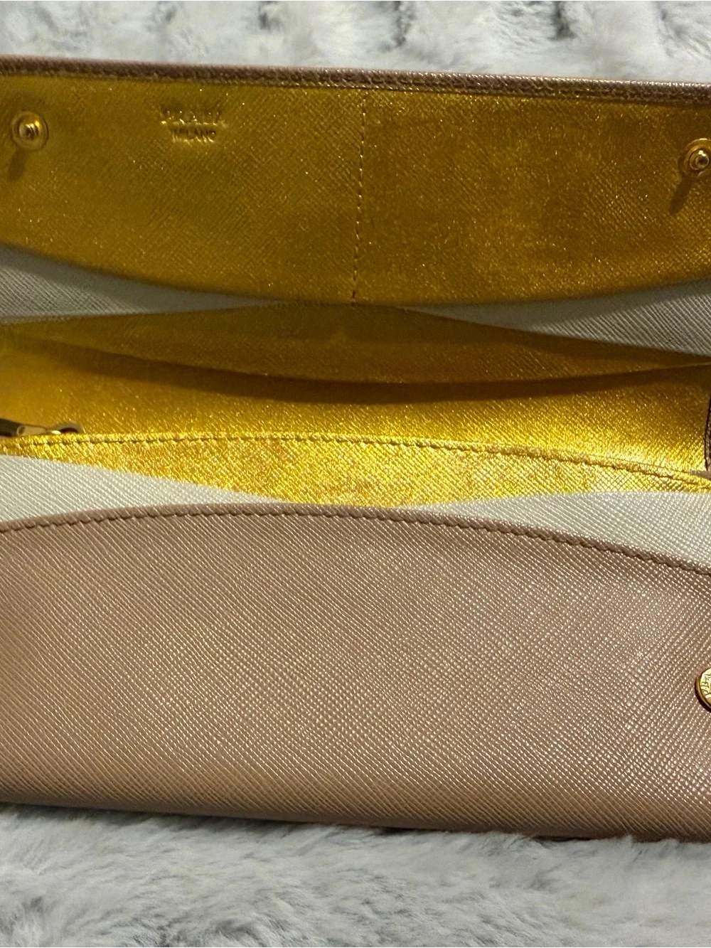 Prada Beige Saffiano Leather Continental Wallet with Gold Logo